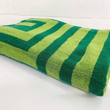 Vintage Aquarius Beach Towel Geometric Striped Green Terry Cotton Bath Large Towels Mid-Century Terrycloth 1970s 