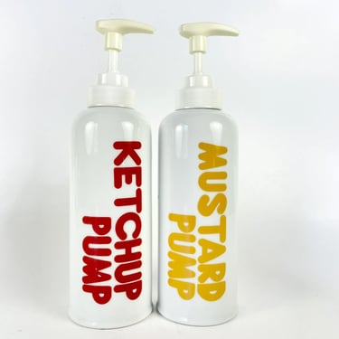 Vintage Mid Century Kitsch Ceramic Ketchup & Mustard Top Pump Containers Japan