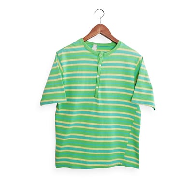 striped henley / 60s striped shirt / 1960s green striped henley cotton California surf t shirt Small 