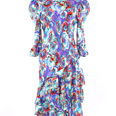 Judy Hornby Floral Silk Bias Ruffle Dress