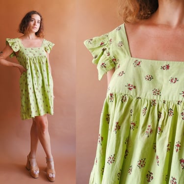 Vintage 70s Block Printed Indian Cotton Mini Dress/ 1970s Square Neck Ruffle Sleeve/ Size Medium 