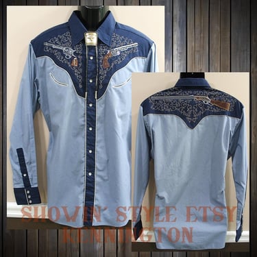 Kennington Rocking K Western Vintage Men's Cowboy & Rodeo Shirt, Embroidered Rifle and Pistols, Tag Size XLarge (see meas. photo) 