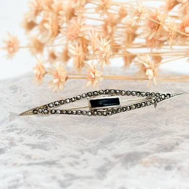 Art Deco Geometric Marcasite & Black Onyx Accented Sterling Silver Vintage Brooch Pin 