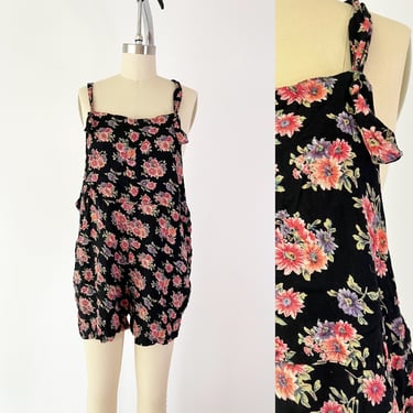 SIZE M 1990s Floral Rayon Overalls / 90s Black Floral Overalls with Pockets / Dark Cottagecore 