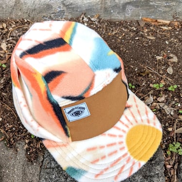 Handmade 5 Panel Camp Hat, Mountain Sunrise Fleece Baseball Cap with Earflap, five panel, Snap Back, 5panel hat, gift for him, winter hat 