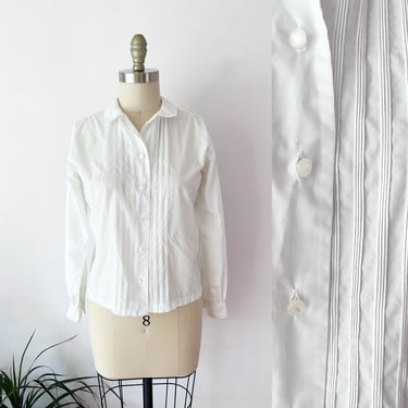 SIZE S 1960s White Peter Pan Collar Pintucked Blouse - 60s Cotton Pleated White Top Shirt Academia Cottagecore Long Sleeve 