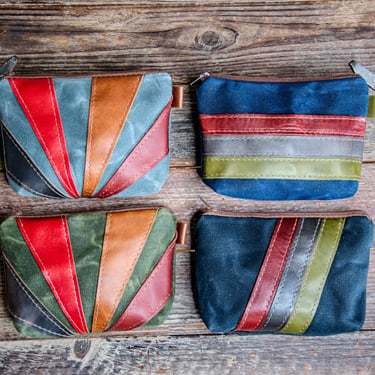 Leather Applique | Handmade Waxed Canvas Zipper Pouch | Stripes and Rays | Made in the USA 