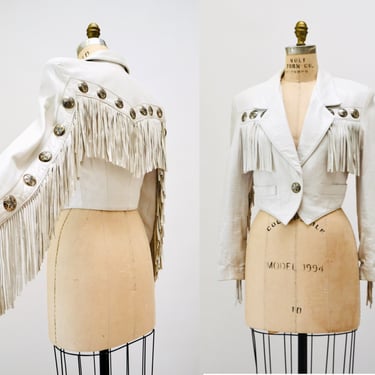 90s Vintage White Leather Fringe Jacket Leather Cowboy 90s Vintage White Leather Fringe Jacket Leather Cowboy