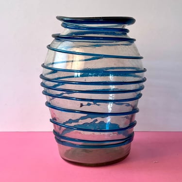 Vintage 80s Style Modern Clear Glass Vase with Applied Blue Swirl In The Style of Blenko 