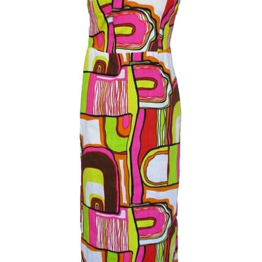 Vtg 60s 70s Halter Maxi Dress XS/S Bright Colorful Mod Geo Pattern Cotton Blend 