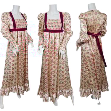 1970s Cream Satin Hot Pink Floral Ditsy Print Smocked Maxi Dress I Sz Med I Empire Waist 
