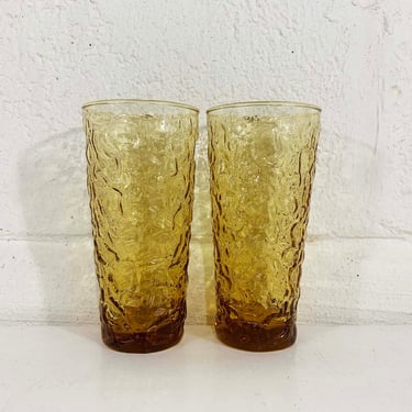 Vintage Amber Glasses Set of 2 Yellow Lido Milano Crinkle Mid-Century Colorful Serving Cocktail Dinner Pair Party 1960s 