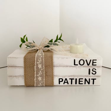 NEW - Love Is Patient Stacked Books, Vintage, Rustic, Aged Books, Black Lettering 