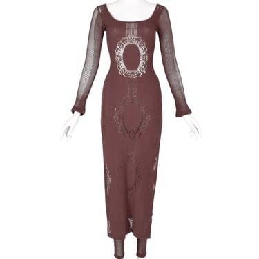 Paola Frani Vintage 1990s Brown Open Knit Cameo Split Side Maxi Tunic and Leggings Set