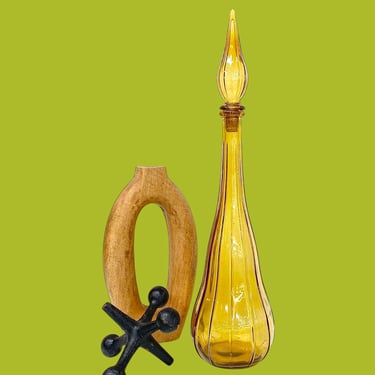 Vintage Empoli Glass Decanter Retro 1960s Mid Century Modern + 21.5 H + Amber + Genie Bottle w/ Stopper + Barware + MCM Italian Home Decor 