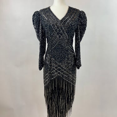 1980s Black Tie Heavy Beaded Cocktail Dress 