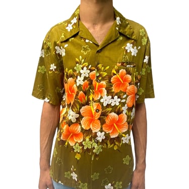 1960S Ui-Maikai Olive Green Tropical Cotton Orange Flowers Hawaiian Shirt 