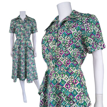 Vintage 50s Shirt Dress, Large, Jewel Tone Geometric Abstract Print Dress with Dagger Collar and Peplum Pockets 