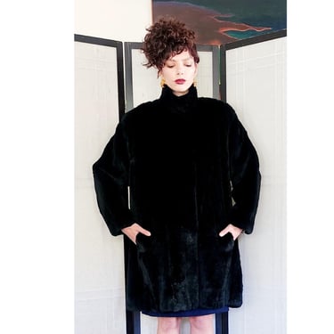 80s Black Rabbit Fur Coat Carole Little for Henri Bendel 