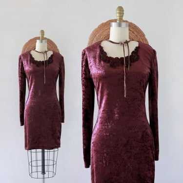 mulberry velour bodycon dress - m - vintage 90s 1990s womens size medium velvet wine burgundy purple short long sleeve 