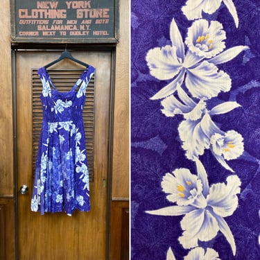 Vintage 1950’s Kamehameha Tiki Floral Cotton Hawaiian Dress, Circle Skirt Style, Vintage Hawaiian Dress, Kamehameha, 1950s Dress, Tiki 