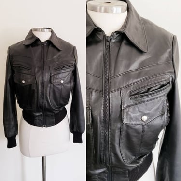 1980s Black Leather Cropped Jacket Zipout Lining Bermans / 80s Ladies Fitted Motorcycle Bomber Jacket Biker / S / Severine 
