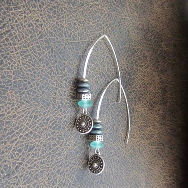 Sea glass earrings, bohemian earrings, silver boho earrings, blue dangle earrings, artisan ethnic earring, simple chic earrings 