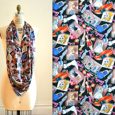 VIntage Nicole Miller Silk BARBIE Scarf// Extra Large Silk Scarf with Barbie Doll Fashion Print 