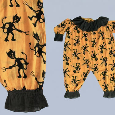 RARE! Antique Halloween Costume / 1920s - 1930s Novelty Print DEVILS and Pitchforks Clown Suit / 30s Jumpsuit 