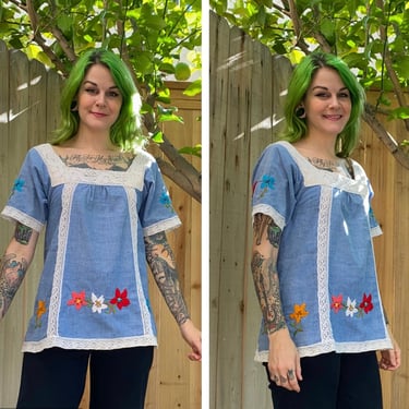 Vintage 1970’s Blue Top with Floral Embroidery 