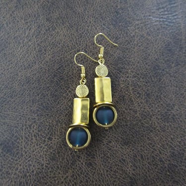 Hammered gold and blue frosted glass earrings 
