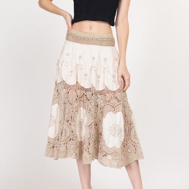 Medium 90s Boho Sheer Crochet Midi Skirt | Vintage Cream White Floral Hippie Skirt 