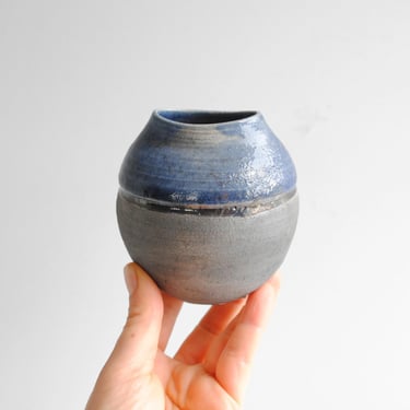 Vintage Blue and Black Small Raku Pottery Vase 