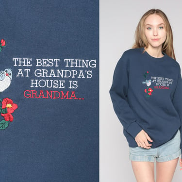 Grandma Sweatshirt 90s Navy Blue Embroidered Sweater Bird Flower Best Thing At Grandpas House Granny Pullover Slouchy Vintage 1990s Medium M 