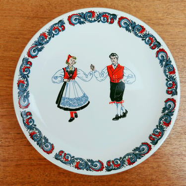 Vintage Figgjo Flint | 7" Bread Side Plate | Hardanger Dancers | Norway Norwegian | Red Blue Scrolls 