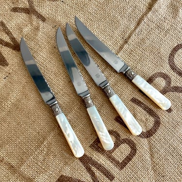 4 Piece, Mother of Pearl MOP Shell Handle, Table Knife Set, England - Steak Sharp Fruit Knives, Marshall Field, Stainless Steel, Flatware 