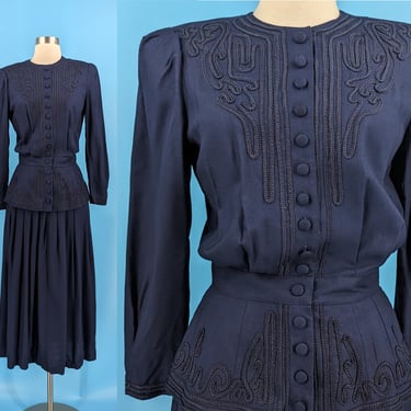 Vintage 80s does 40s Sarah Elizabeth Navy Rayon Button Front Dress - XS Eighties does Forties Soutache Peplum Dress 