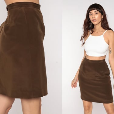 80s Pencil Skirt Brown Silk Skirt 1980s Vintage High Waist Wiggle Mini Skirt Secretary Skirt Plain Simple Staple Small 6 