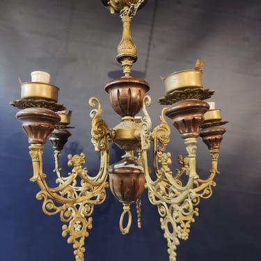 Vintage Brass and Wood 5 Arm Chandelier 20 x 24.25