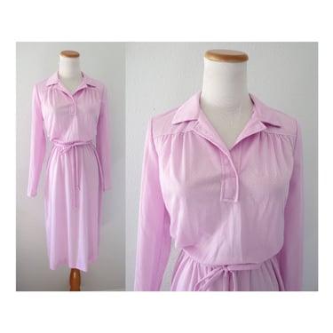 Vintage 80s Dress Pastel Secretary Style Dress Pink Purple Long Sleeves - Size XS Small 