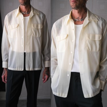Vintage 50s McCOY Unworn Deadstock Pale Yellow Crinkled Sheer Loop Collar Shirt | Sutton Care Label | 100% Nylon | 1950s Camp Collar Shirt 