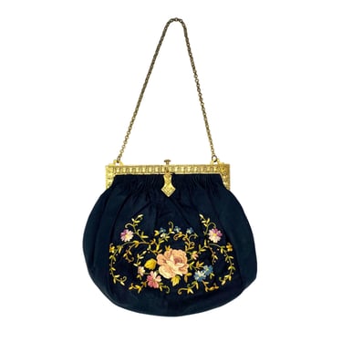 Vintage 1930s 1940s French Point de Beauvais Evening Bag, Black Silk Floral Hand-Embroidered Purse, Tambour Embroidery Handbag, VFG 