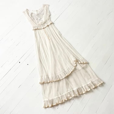 Antique Edwardian Embroidered White Net Dress 