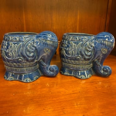 Pair Blue Ceramic Elephant Planters