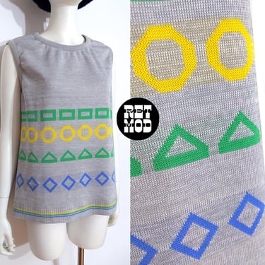 Pop Vintage 60s 70s Gray Yellow Green Blue Geometric Shapes Knit Vest - Plus Size 