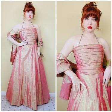 Y2K Scott McClintock Iridescent Tangerine Taffeta Dress / Vintage Rhinestone Halter Prom Dress With Shawl / Petite Medium 
