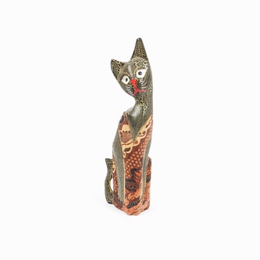 Mixed Media Wooden Cat Sculpture Hand Carved 