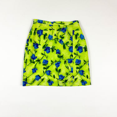 1990s Neon Green and Blue Rose Print Mini Skirt / Floral / Bright / Italy / Clueless / The Nanny / Small / 27 Waist / Grunge / Slime / y2k 