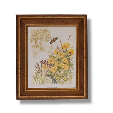 1970s Vintage Scenic Florals Art Lithograph, Gloria Eriksen Wall Hanging, Butterfly & Wildflowers Gold Framed Litho, Boho Retro Home Decor 