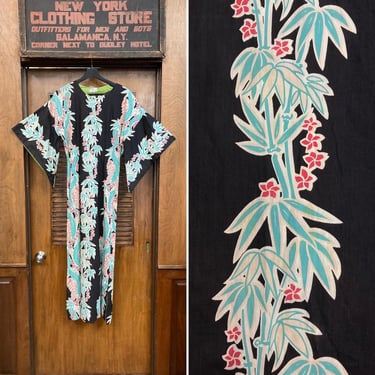 Vintage 1940’s Nani Black Background Cotton Floral Tiki Pake Muu Batwing Sleeve Hawaiian Dress, Pake Muu, Hawaiian Dress, 1940s Dress, 1950s 